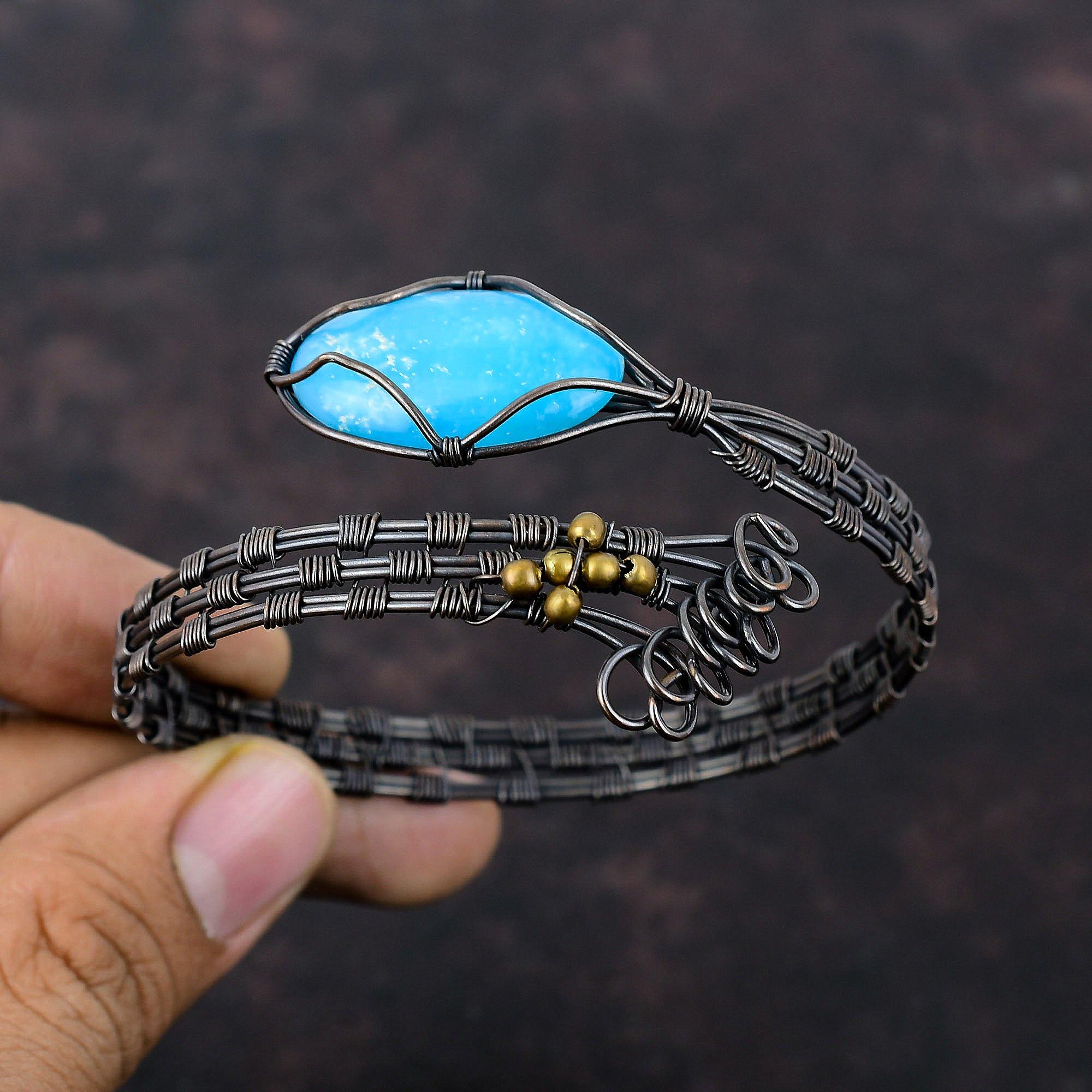 

Медный браслет Smithsonite, проволочный браслет-манжета с драгоценными камнями, регулируемый браслет-манжета, уникальный браслет ручной работы, медные украшения для подарка