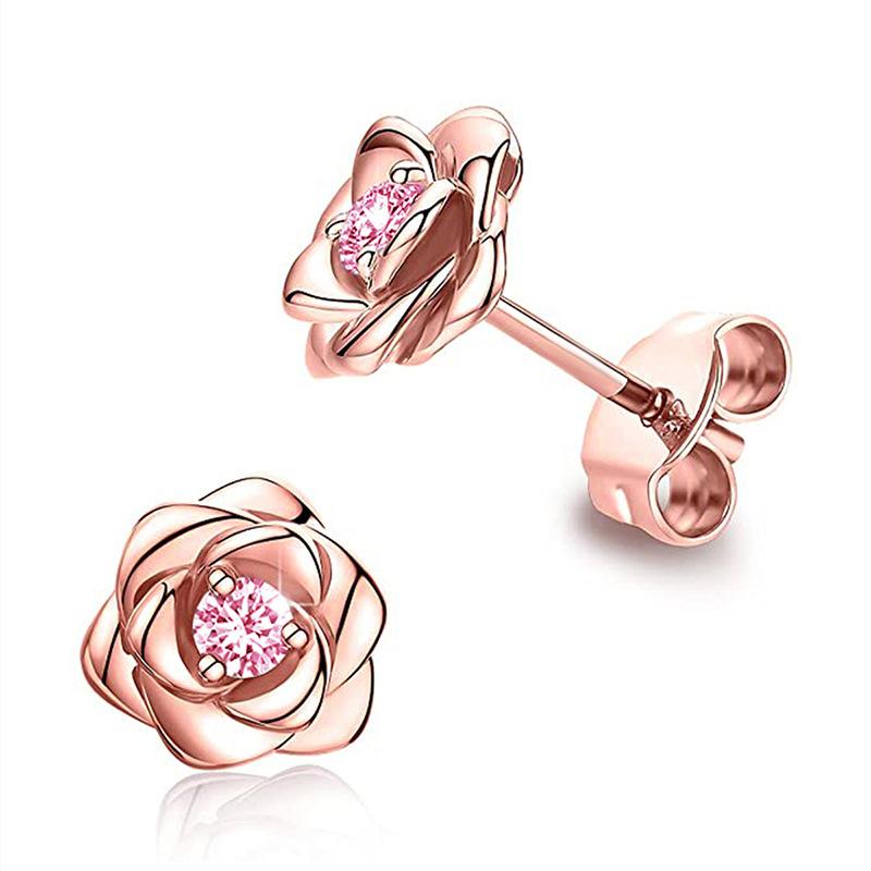 Huitan Exquisite Rose Stud Earrings for Women Luxury Sparkling Cubic Zirconia Temperament Sweet Flower Earrings Fashion Jewelry