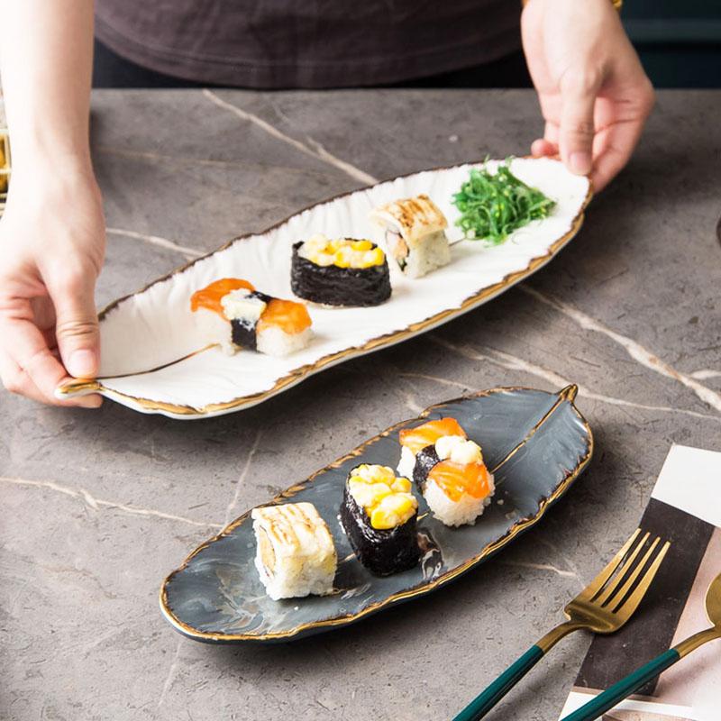 Gold Plating Ceramic Plate Set Fashion Feather Design Jewelry Tray Tableware Accessories Dim Sum Fruit Plate Kitchen Dining Dish