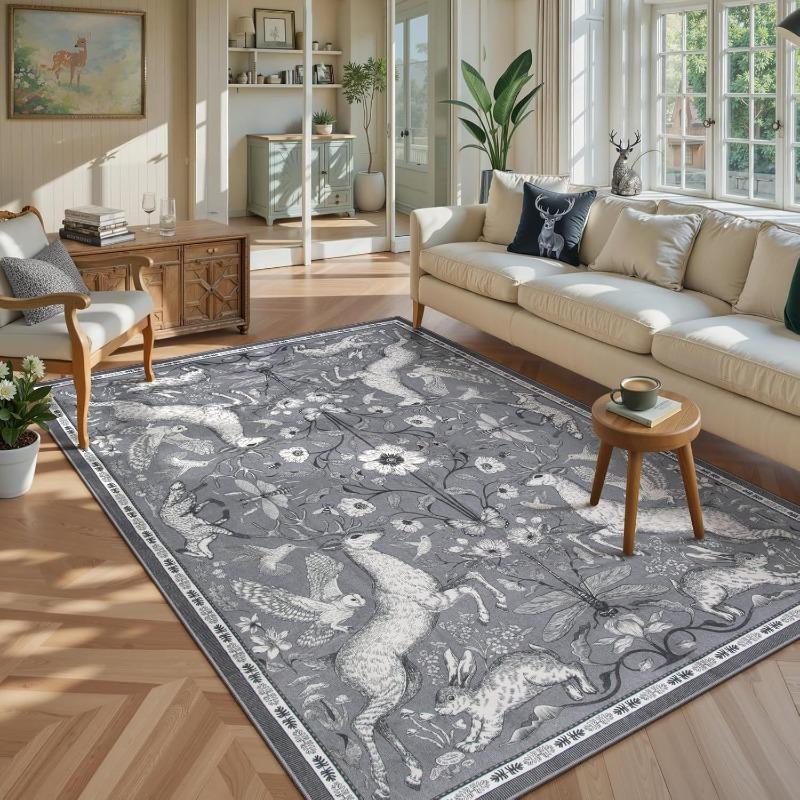 Forest Animal Deer Rabbit Nordic Green Grey Neutral Carpet Soft Non-slip Mat Rug for Living Room Bedroom Home Decoration Durable