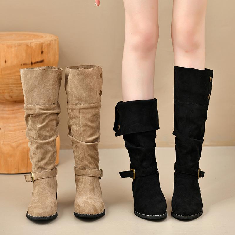 Retro Pointed Pleated Piled Boots Women's 2025 Autumn and Winter New Thick Heel Thin Boots Western Boots Tall Knight Boots