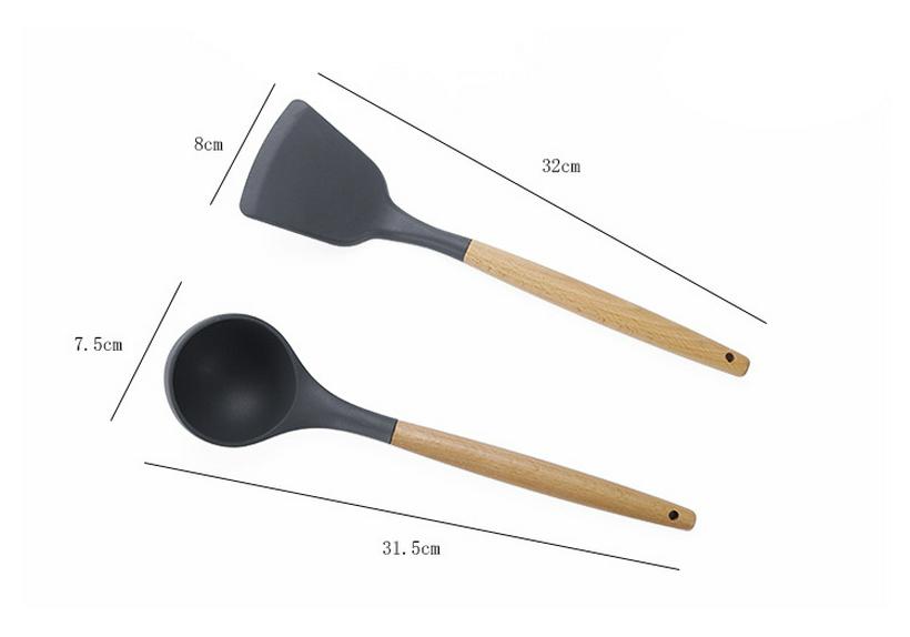 11-Piece Silicone Kitchen Utensil Set with Wooden Handles - Black & Khaki Storage Bucket Included