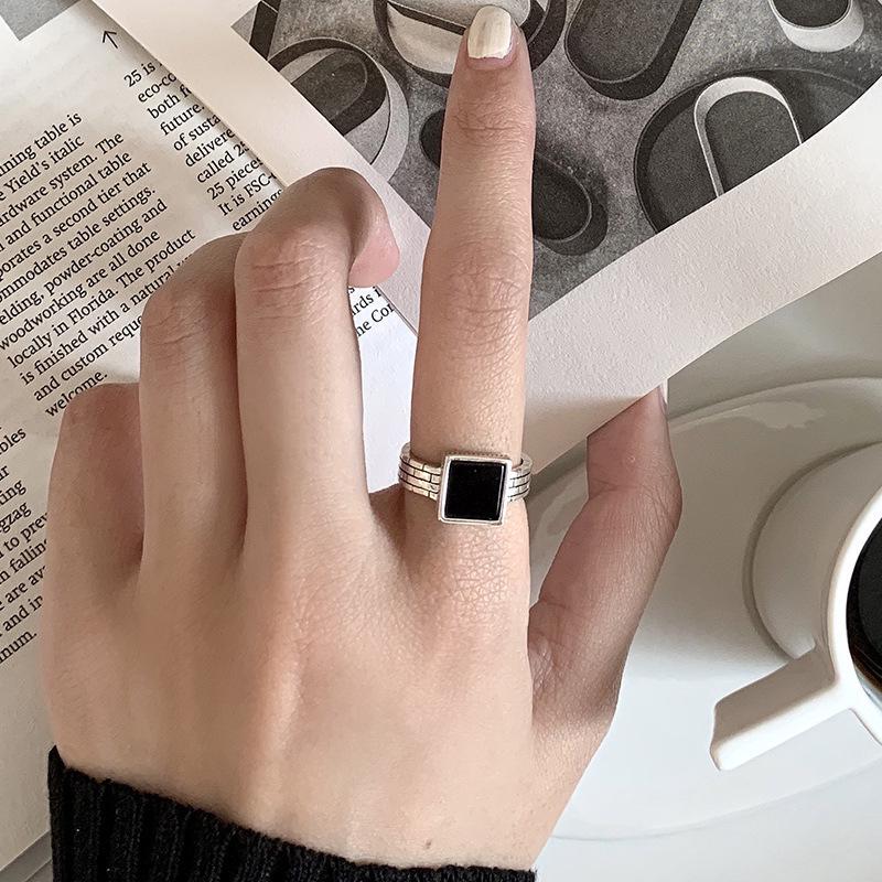 Retro Geometrischer Schwarzer Offener Ring mit Römischen Ziffern - 925 Silber Damen Mehrschichtiger Hip Hop Zeigefingerring