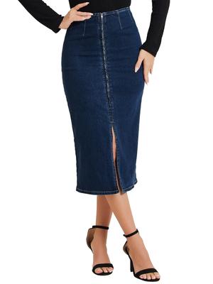 Allegra K Damen Maxi Jeansrock, Schlitz vorne, Reißverschluss, Hoher Bund, Figurbetonter Jeansrock, Bleistift, Dunkelblau, Größe M