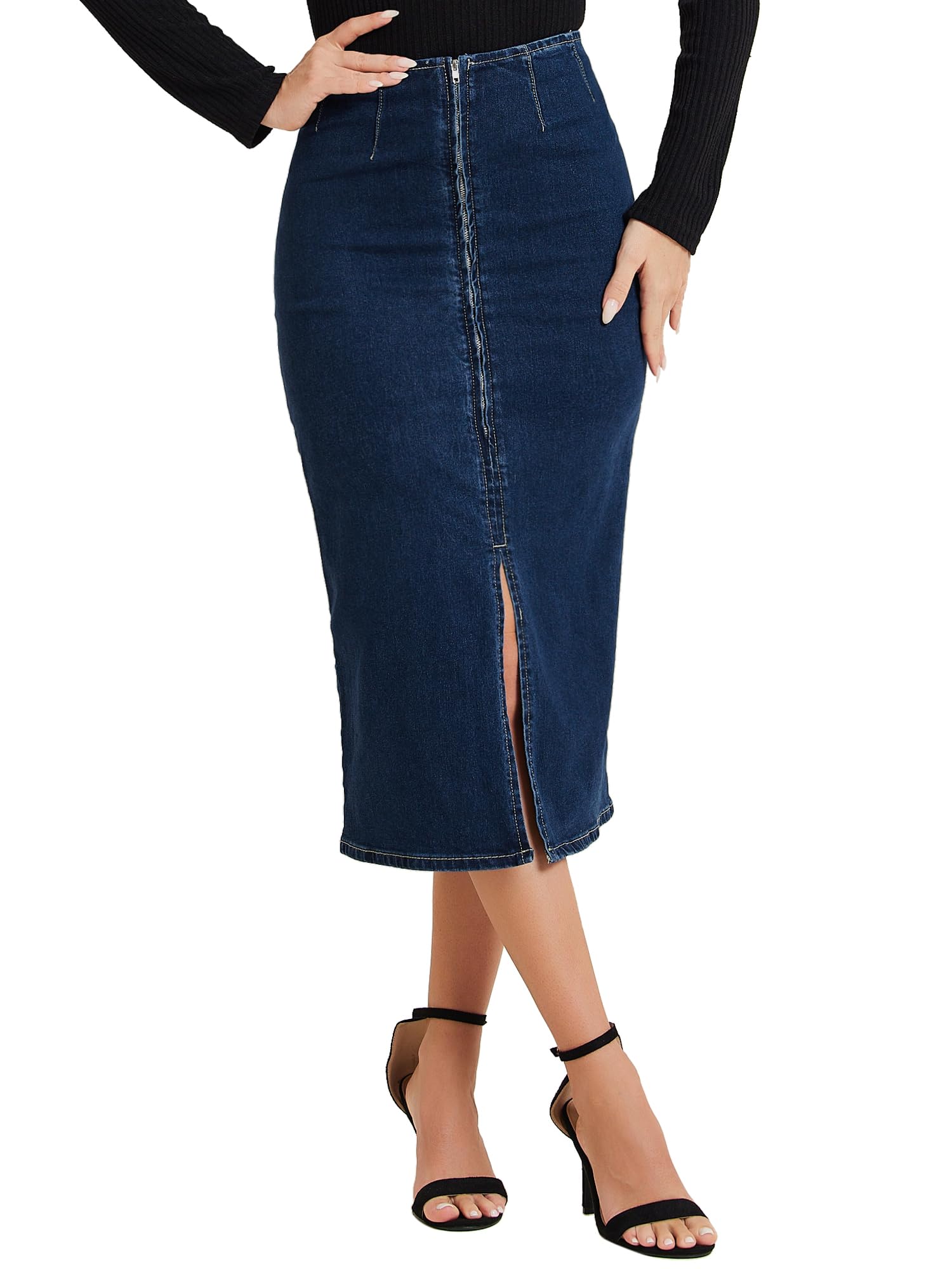 

Allegra K Women s Maxi Denim Skirt, Front Slit, Zipper, High Waist, Bodycon Jeans Skirt, Pencil, Dark Blue, Size M