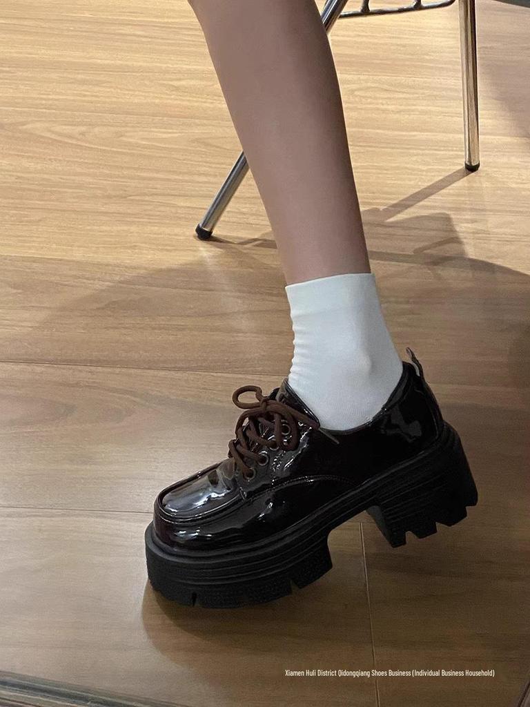Women's 2024 Black Patent Leather Round Toe Lace-Up Shoes - British Style, Thick Sole, Mid-Heel for Autumn