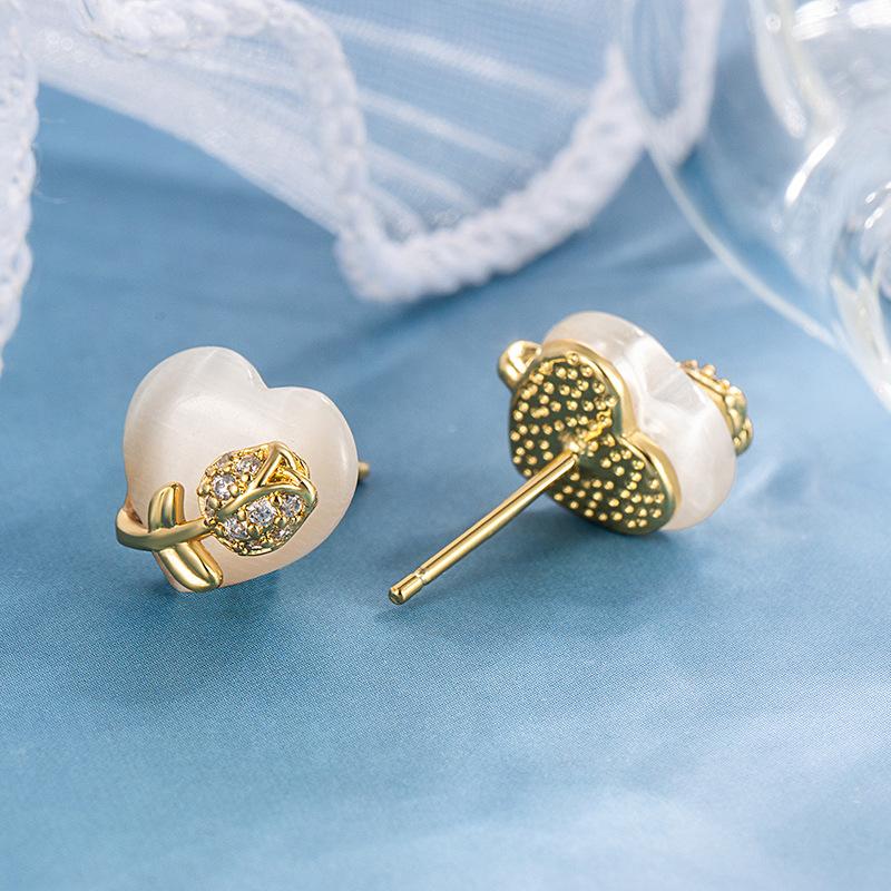 Women Elegant Rose Crystal Love Heart Ear Stud Earrings