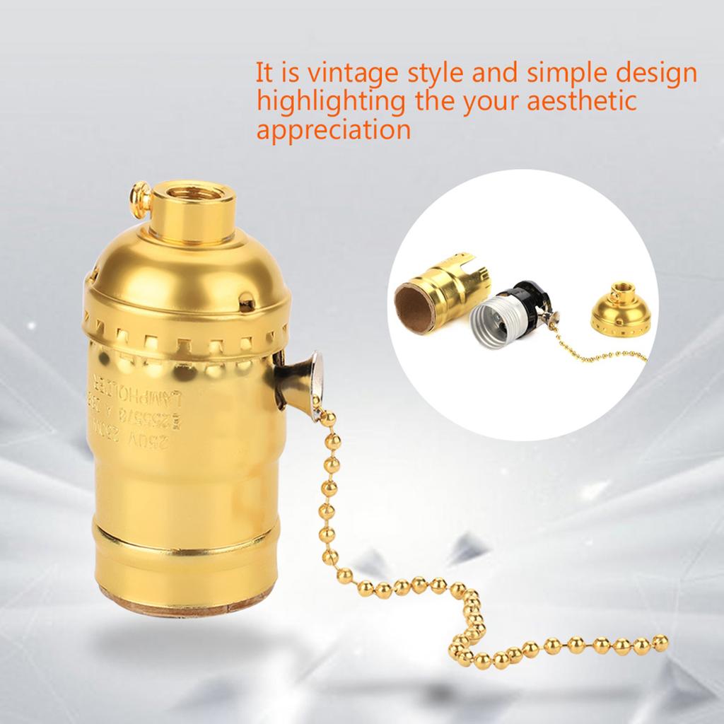 E27 Aluminum Vintage Light Socket with Pull Chain Desk Table Lamp Lighting Holder Screw Base