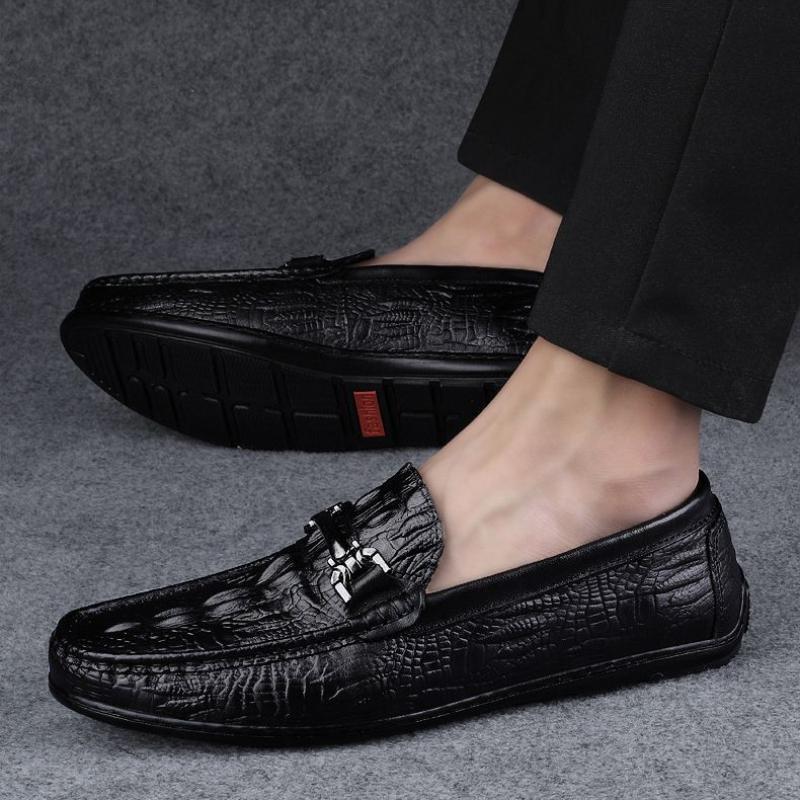 Loafers Moccasin Flat Man Casual Shoe Soft Animal Print Leather Shoes for Men Black Round Toe  Trend Size 45 Pu Common Retro