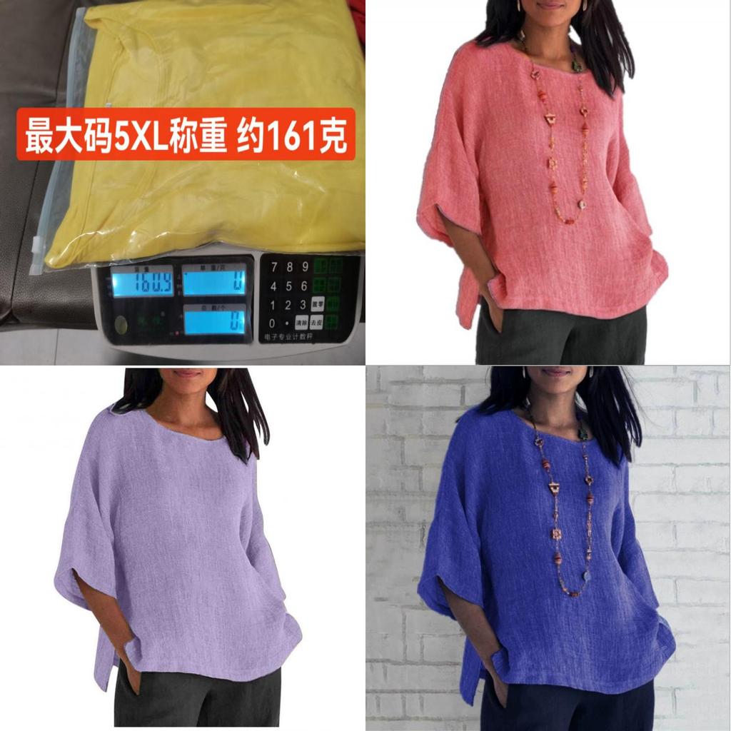 Cotton Linen Blouse For Women With Round Neck And Seven Quarter Sleeves For Casual Office Wear