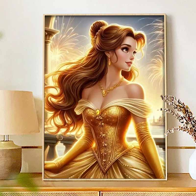 Disney diamond painting 5D round diamond full of diamonds diy handmade stickers, home decoration paintings with Belle golden dress and fireworks.