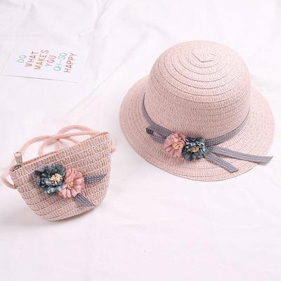 Cute Bowknot Flower Kids Straw Hat + Straw Crossbody Bag Set Baby Outdoor Sun Hat Summer Beach Straw Cap Straw Rattan Bag