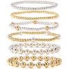 14K Gold Plated Pearl Beaded Cross Bracelets Stack Set for Women,Stretch Boho Colorful Christian Beads Ball Jewelry Friendship Summer Trendy Gift