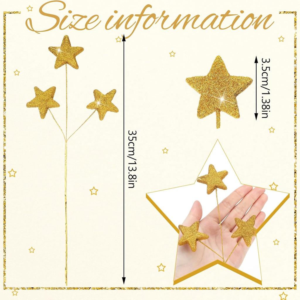 24 Pcs Glitter Star Picks 14.5 Inch Sparkly Star Stem Christmas Star Tree Picks Twinkle Star Sticks Foam Vase Decoration for Christmas Birthday Party