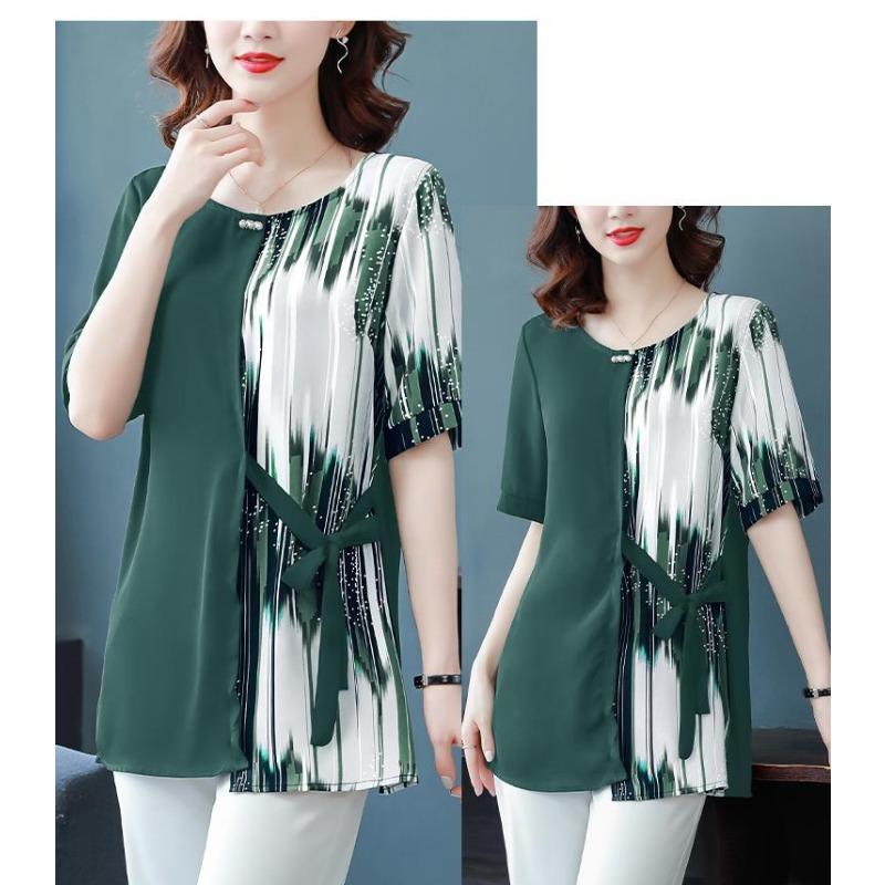 Western-style Loose Short-sleeved Chiffon Shirt Middle-aged and Elderly Summer Round-neck Fashionable Small Shirt