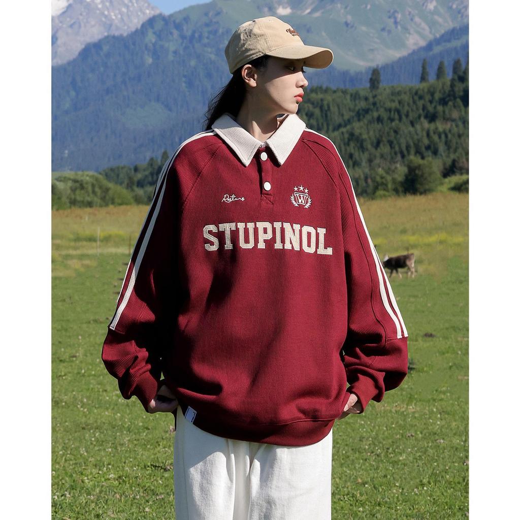 Women's Retro Striped Color Block Pullover Sweatshirt with Letter Embroidery - Casual College Style
