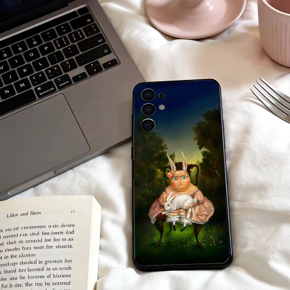 Vintage Rabbit Aristocrat Phone Case For Samsung S25,24,23,22,30,21,10,9,Ultra,Plus,Lite,FE,4,5 G Soft Black Case