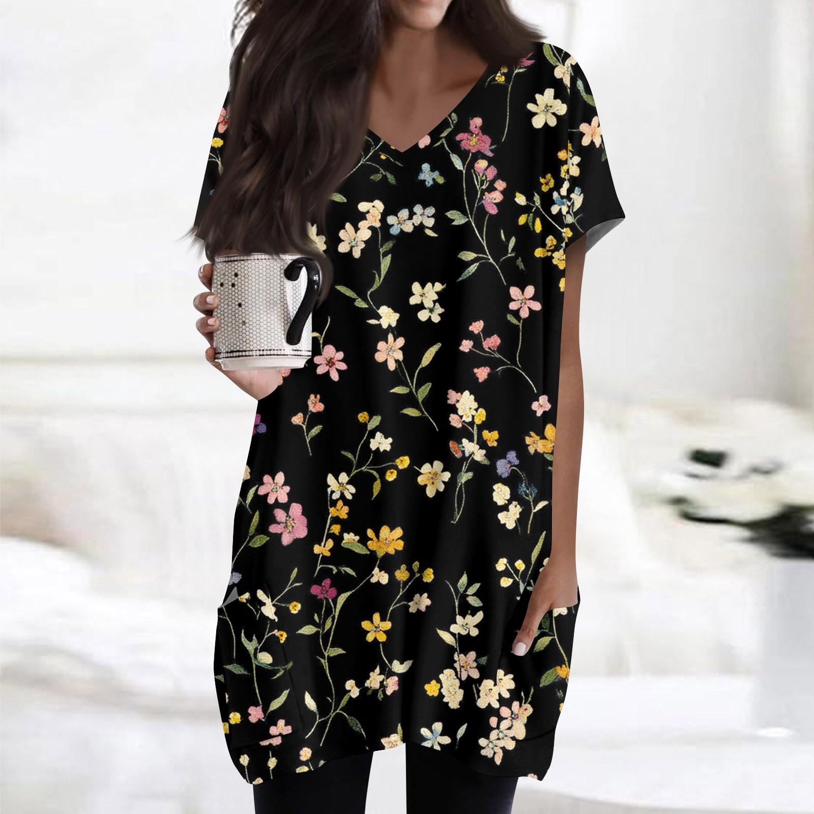 

Женский модный и повседневный топ с V-образным вырезом, цветочным принтом, средней длиной, карманом и короткими рукавами M розовый