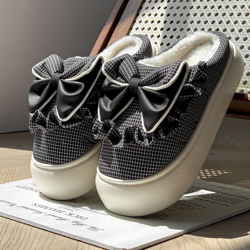 Winter New Bow Cotton Slippers Fashionable Plaid Velvet Warm Thick-soled Heightening Shoes Non-slip Cotton Shoes