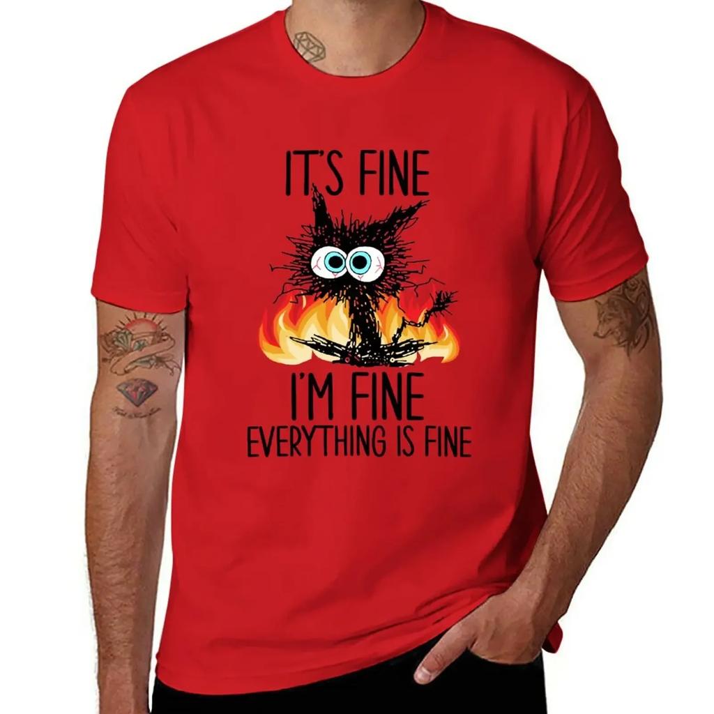 Fire It's Fine I'm Fine Everything Is Fine Funny Black Cat T-Shirt sublime plus size tops mens t shirt graphic