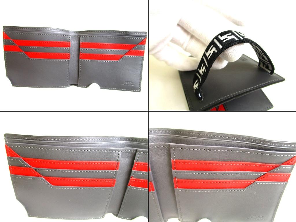 Authentic FENDI Gray Red Leather Bifold Bil Wallet Compact Wallet #b175  Certified - Refurbished