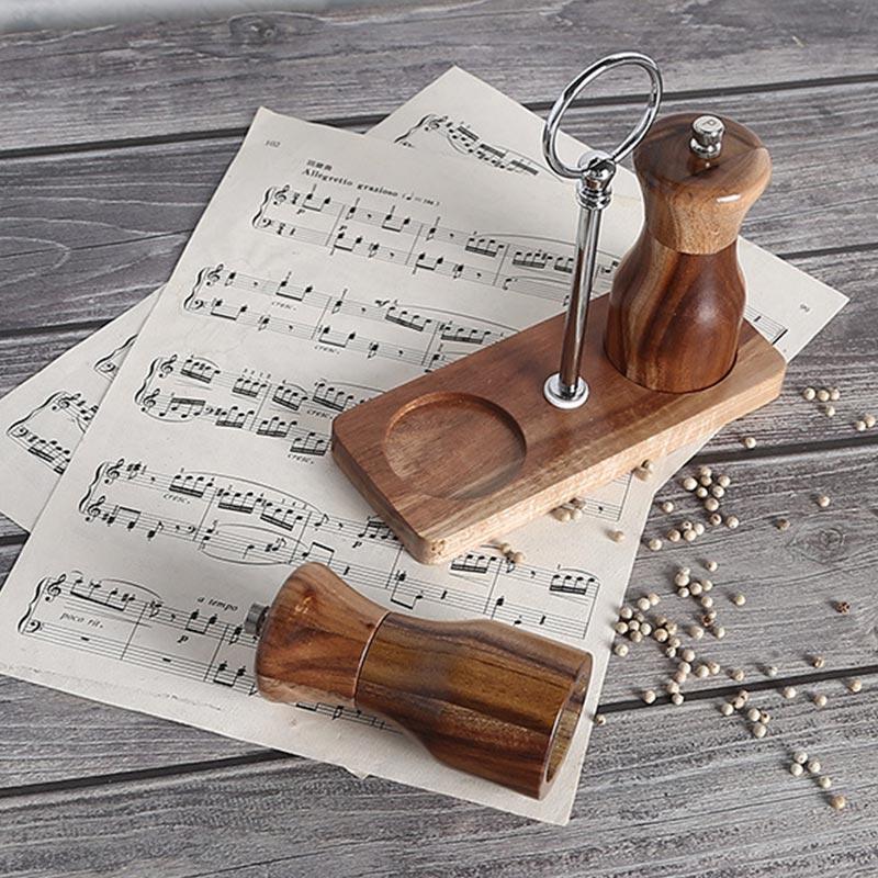Salt and Pepper Mill Tray Acacia Wood Base Tray Pepper Mill Holder  Kitchen Shaker Pepper Grinder Tray With Zinc Alloy Handle