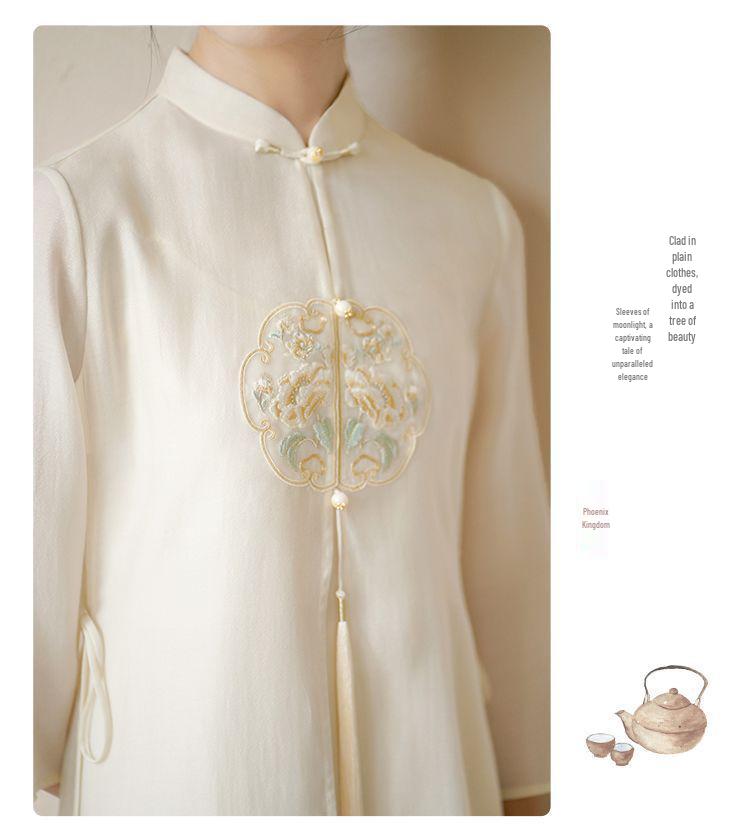Women's Elegant Embroidered Zen Tea Ceremony Dress - Summer 2026 Chinese Style Flowing Fairy Qipao