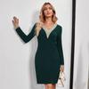 Women Dark Green Contrast Lace V Neck Long Sleeve Bodycon Midi Dress