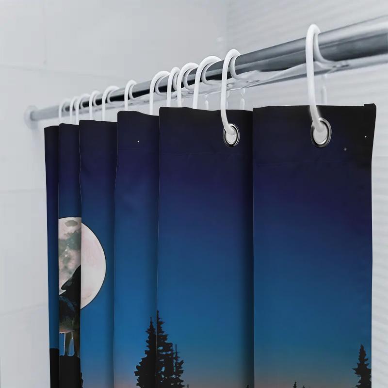 Captivating Wolf Howling At Moon Shower Curtain Forest Night Sky Blue Orange Gradient Waterproof For Bathroom Decor Easy-Clean