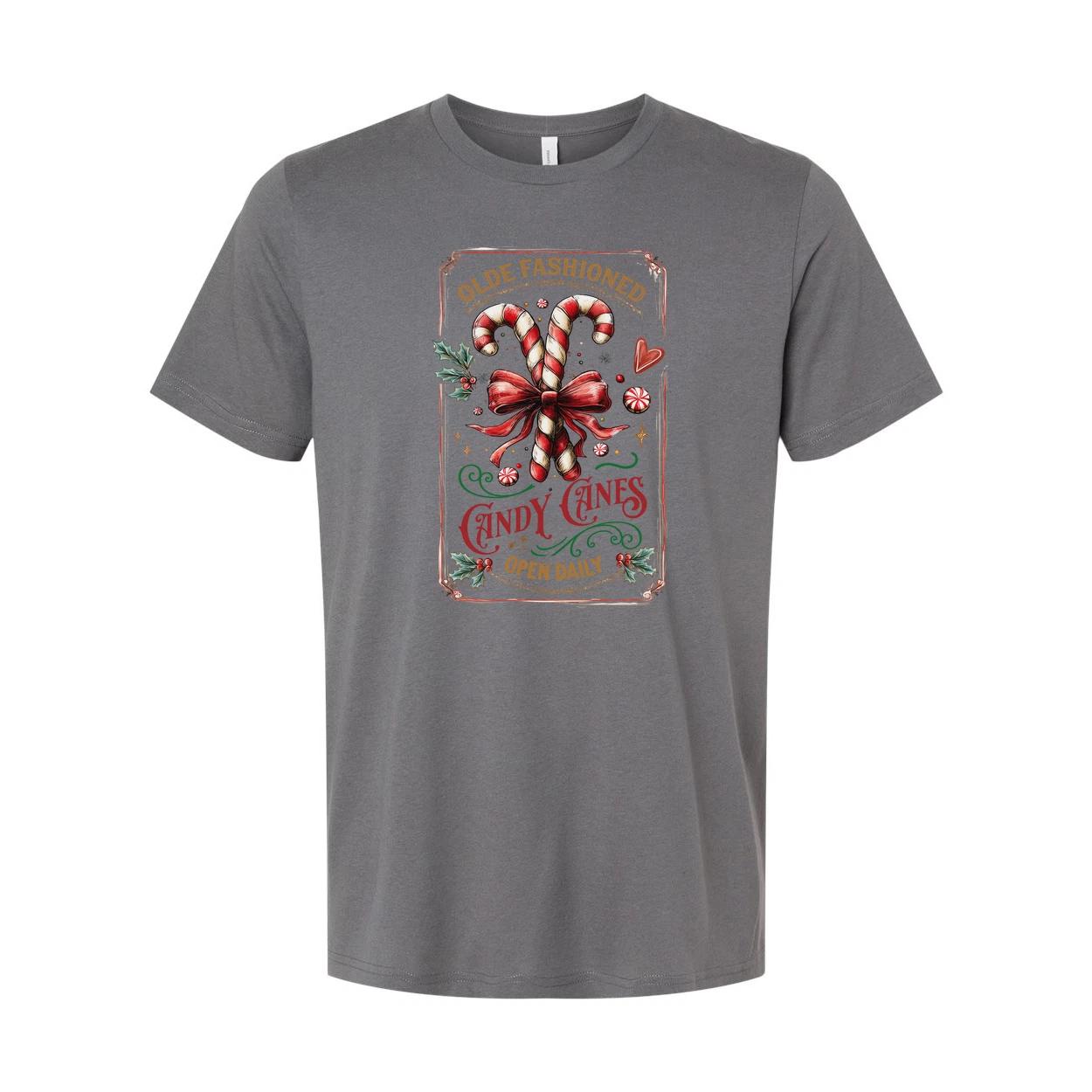 

Unisex Christmas T Shirt With Olde Fashioned Candy Canes And Holiday Bow Design M