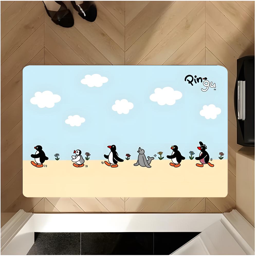 Mascot Cute P-PenguinMushroom Floor Mat Washable Absorbent Flannel Door Mat Non-Slip Indoor Floor Rug