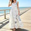 Women's Grey Blue Botanical Maxi Tank Dress, Summer Sleeveless A-Line Beach Vacation Outfit, Casual Sundress