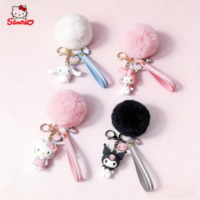 Nieuwe Sanrio Hello Kitty Kuromi Melody Cinnamoroll Schattige Sleutelhangers met Pluizige Konijnenbontbal Vrouwen Meisjes Tas Hanger Sleutelhanger Cadeaus