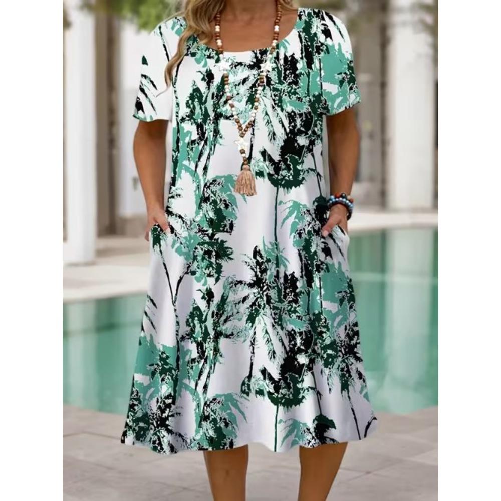 Rochii Casual de Vară Primăvară cu Mânecă Scurtă și Decolteu Rotund, cu Imprimeu Flori și Iarbă Elegante și Frumoase, pentru Femei