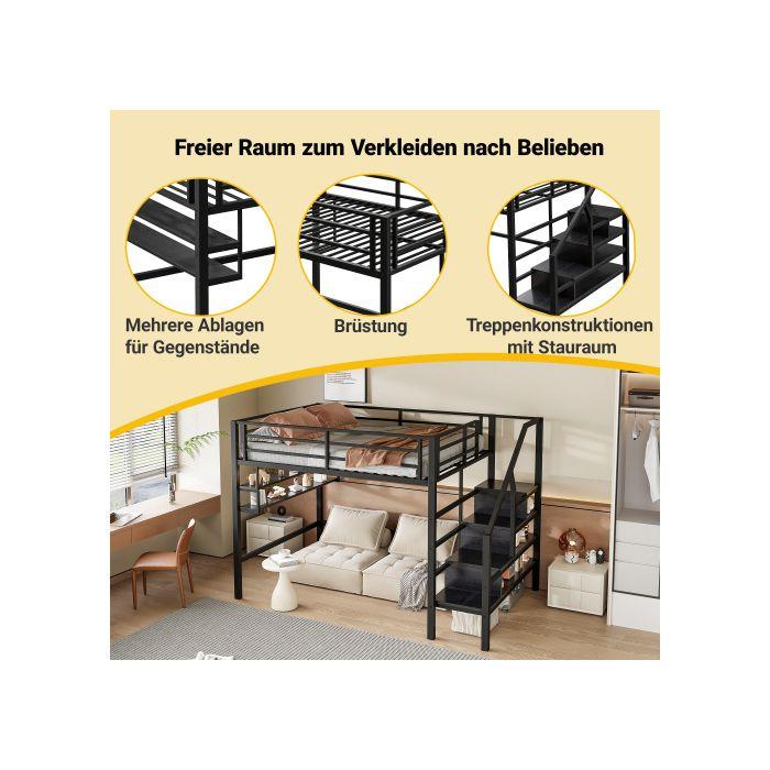 Lit Mezzanine, 140*200cm , Étagères, Échelle De Rangement, Espace Libre Sous Le Lit À Habiller, Garde-corps, Sans Matelas, Noir