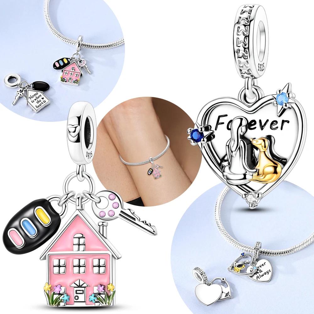 Eleganter Original Kupferrosa Familienhaus Schlüsselanhänger Mädchen Hund Perle Passend Damen Armband Damen DIY Valentinstagsgeschenk Echtschmuck
