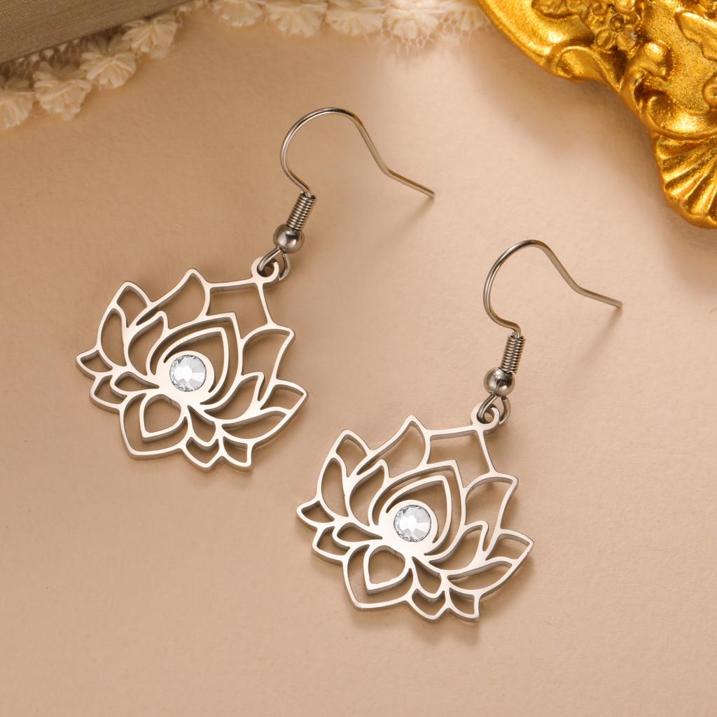 Teamer Buddhist Lotus Flower Women's Earrings Stainless Steel with Clear Zircon Dangle Earrings Yoga Amulet Vintage Jewelry