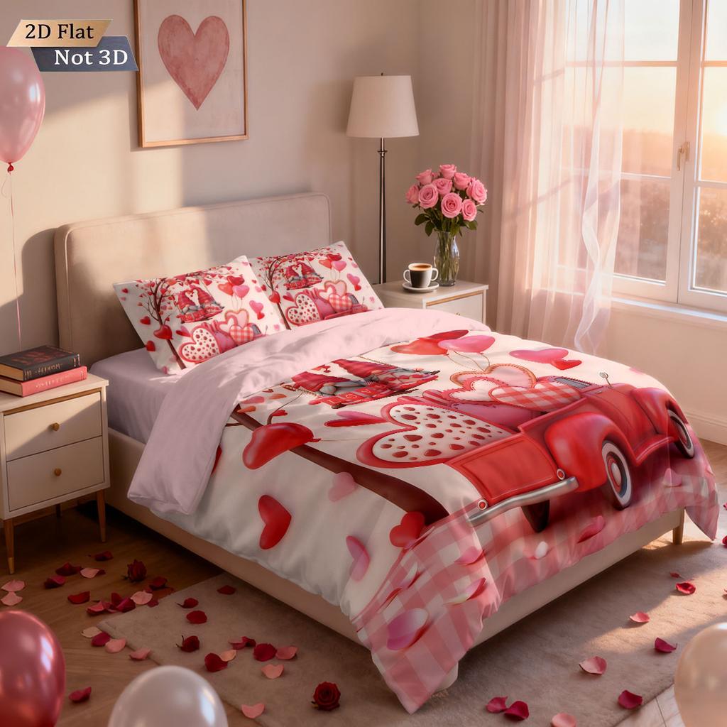 3pcs Valentine's Day romantic pink love goblin car print coreless down duvet cover set multi size bedroom bedding decoration