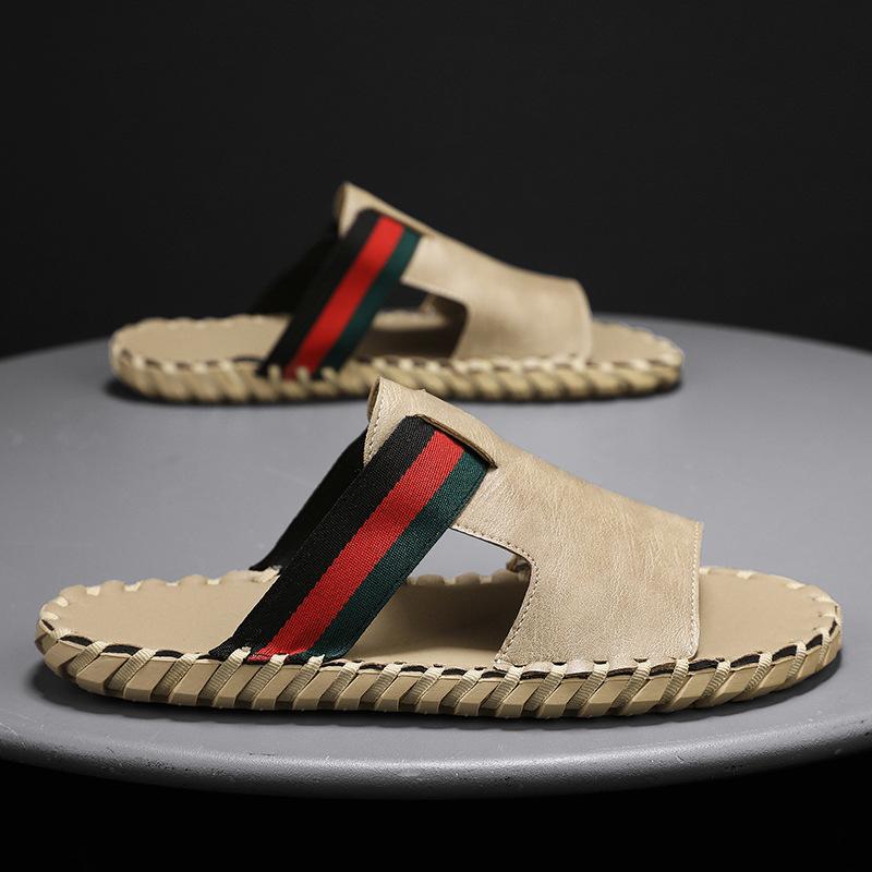 Summer New Leather Flat-bottomed One-word Slippers for Men's Daily Home Outdoor Beach Two Wear Cool Slippers