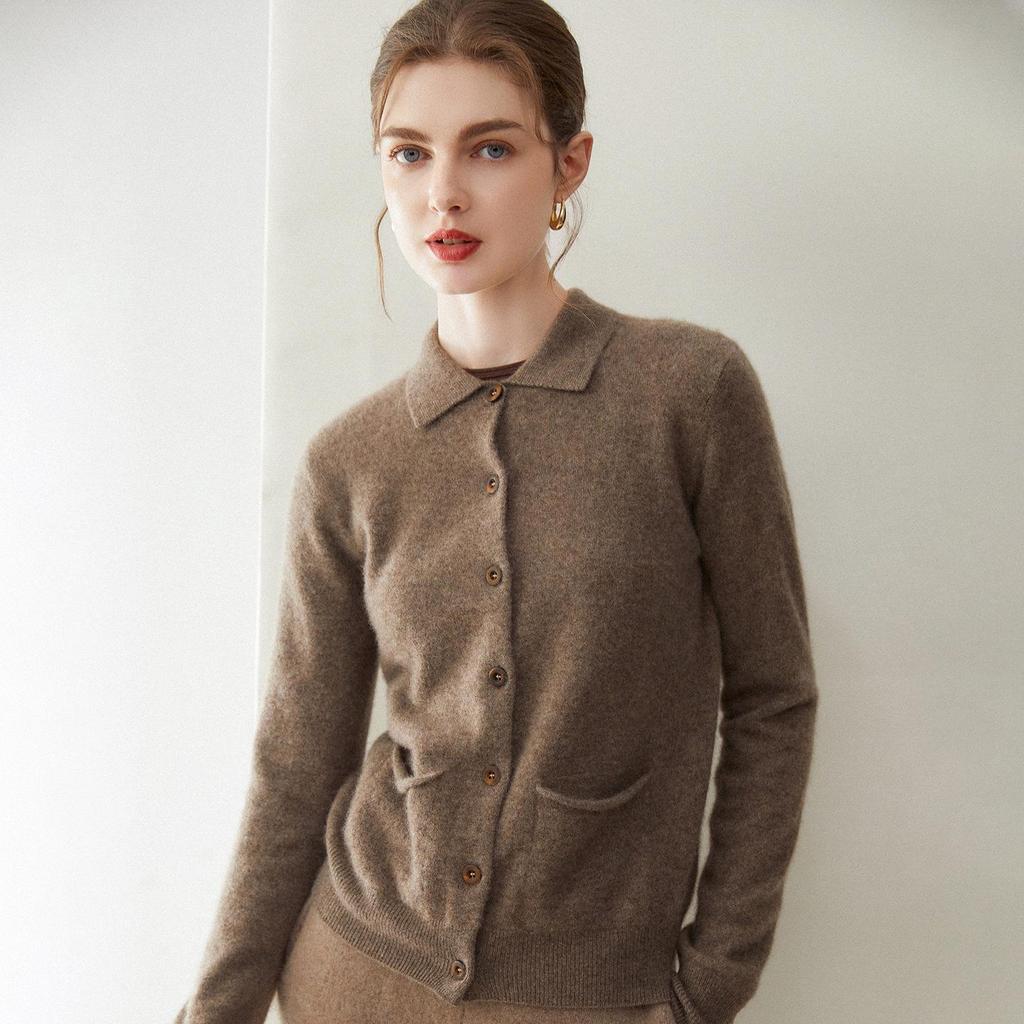 Women's 100% Cashmere Polo Collar Cardigan - Solid Color Knitwear with Pockets