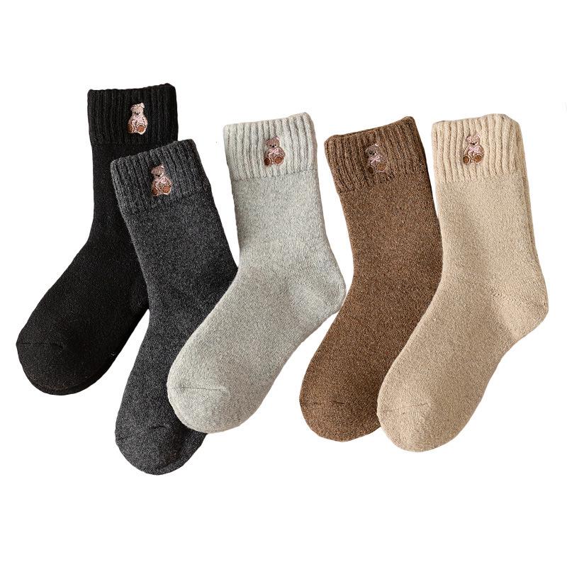 Women's Autumn/Winter Wool Socks - 25 Pairs, Mid-Calf, Cartoon Bear Embroidery, Thick Terry Loop, Warm & Cozy