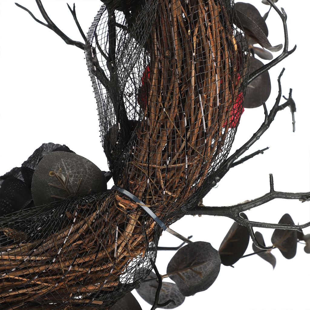 Spooky Flower Wreath for Front Door 17.7 Inch Artificial Black and Red Roses Wreath for Indoor Outdoor Holiday Party