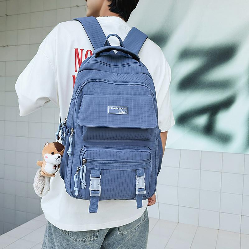 Simple Color Solid Checkered Texture Student Backpack With Pendant Plush