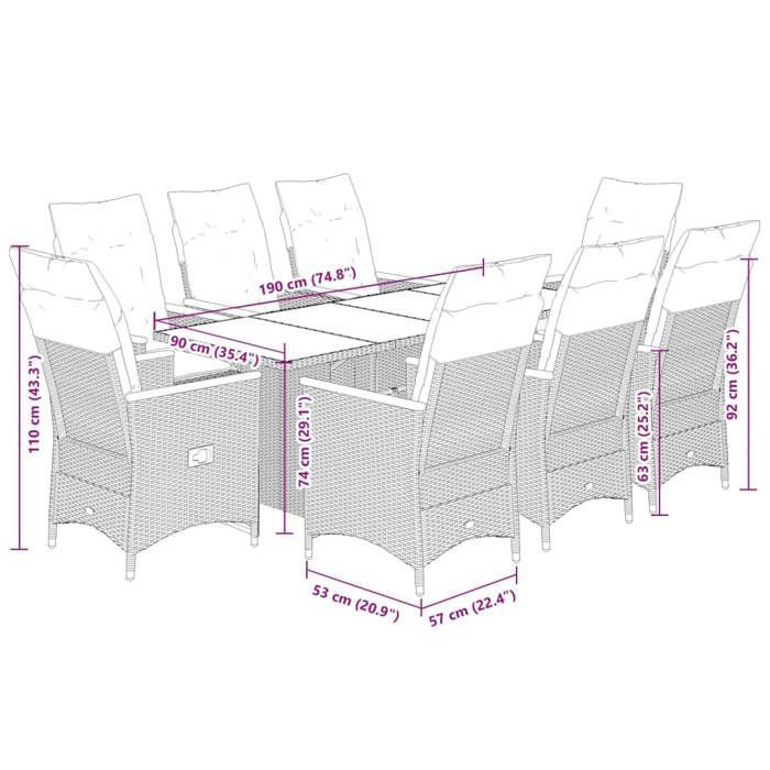 VidaXL 9-piece Garden Dining Set Grey Cushions Resin Wicker, Outdoor Dining Set, Furniture of 3276853