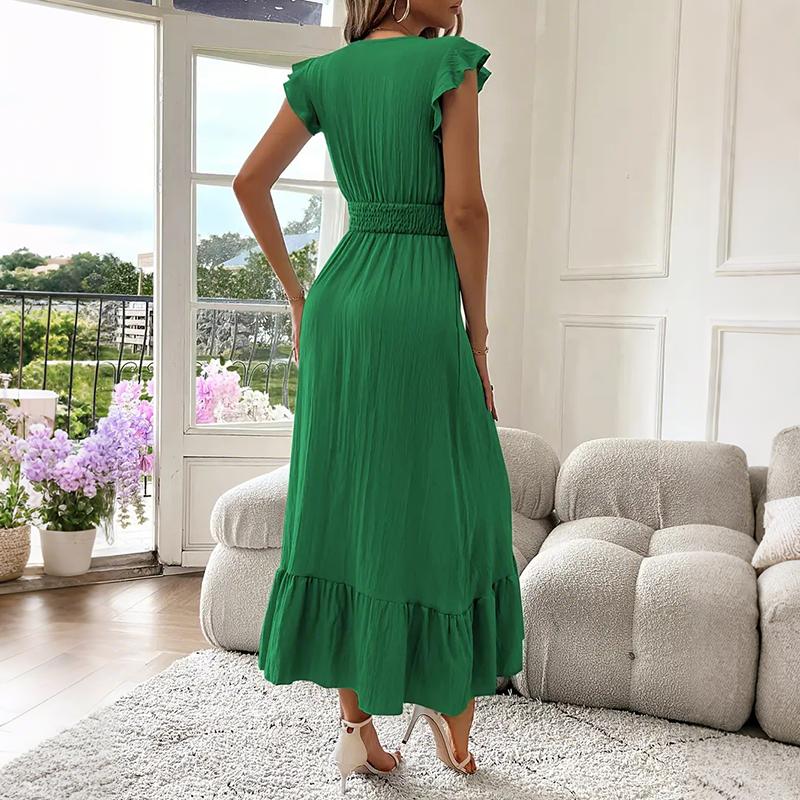 Women Summer Ruffles Short Sleeve V Neck Solid Color Holiday Beach One Piece Dress