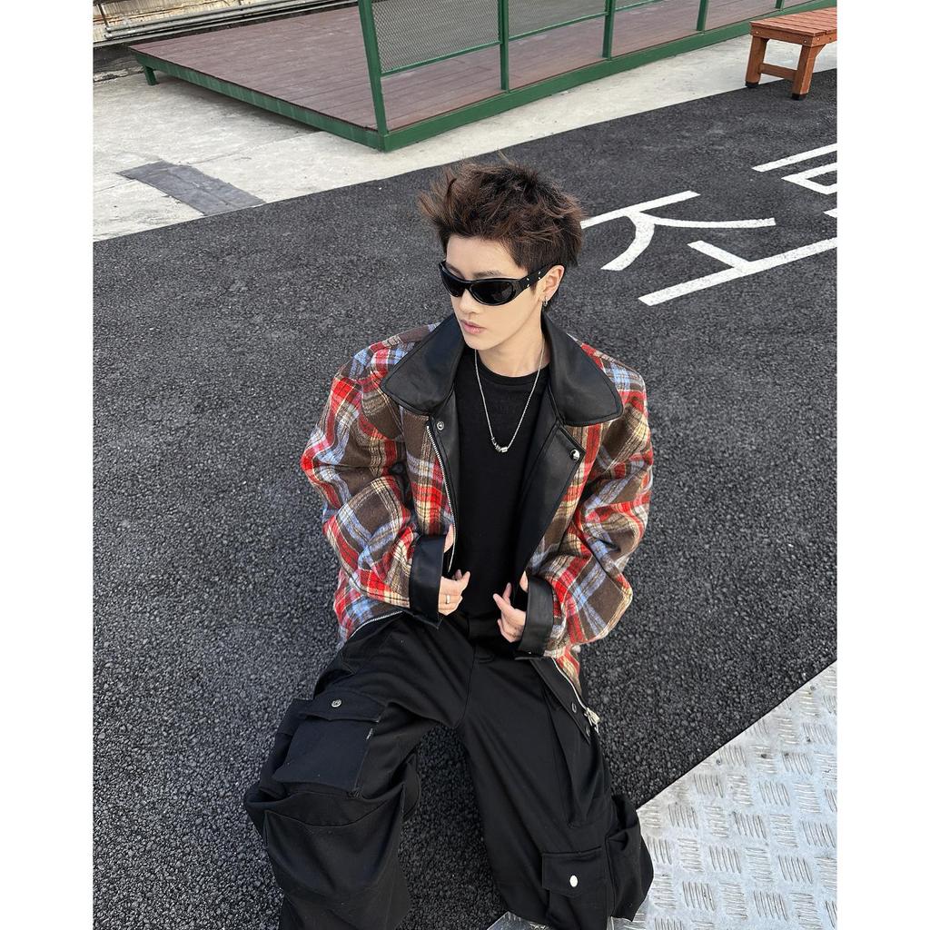 Men's Retro Loose Plaid Reversible PU Leather Jacket - Trendy American Spring/Autumn Outerwear