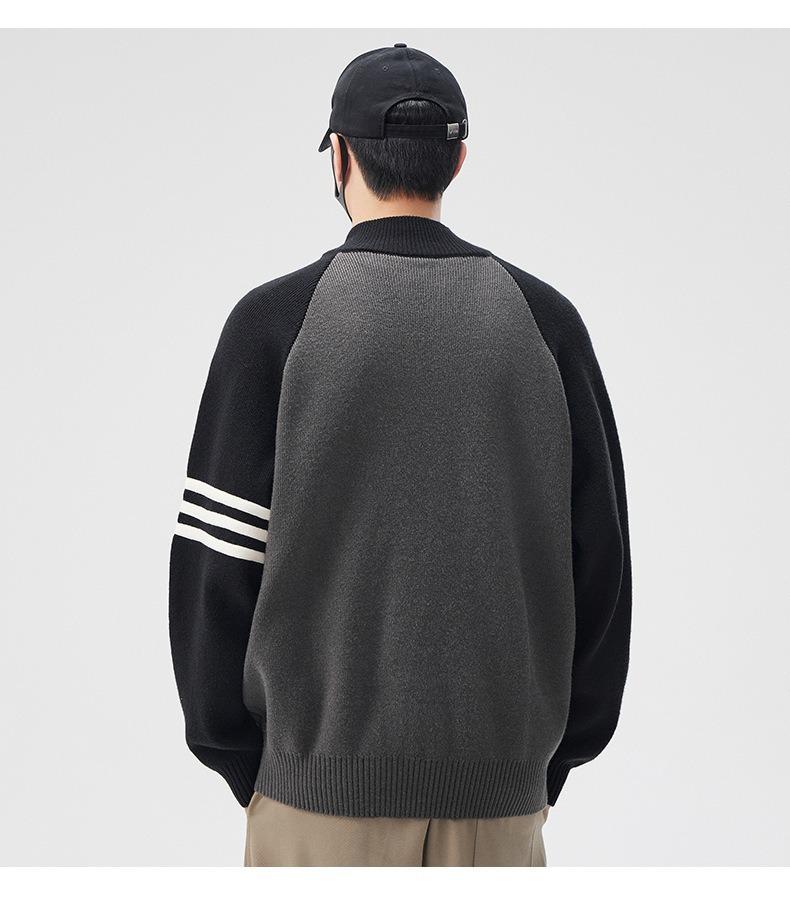 2025 Men's Stand Collar Color Block Cardigan: Trendy Wool Jacket for Spring, Autumn, Winter