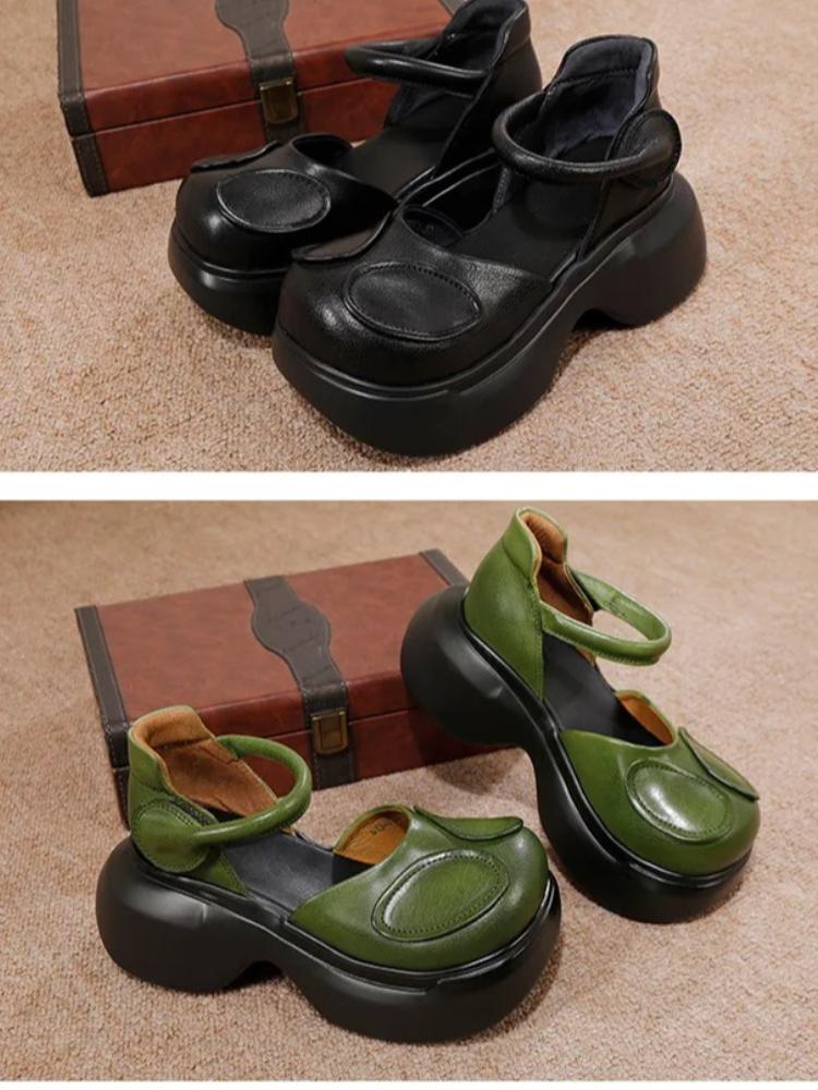 Johnature Mary Jane Round Toe Thick Soled Sandals Genuine Leather Comfortable Women's Shoes