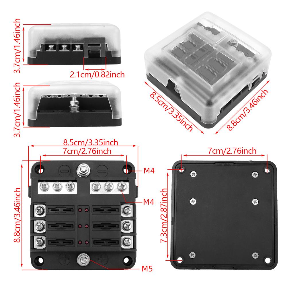 6 Ways Blade Car Fuse Box Holder Universal Marine Boat Fuse Holder Block Warning Indicator 12/36V Power Distribution Panel Board