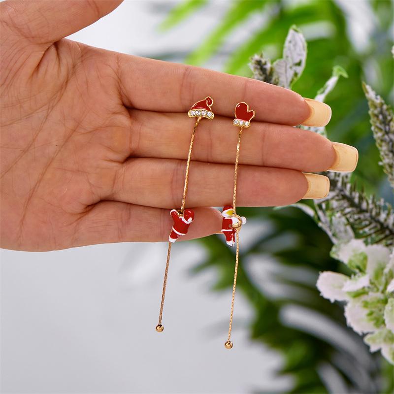Creative Asymmetric Hat Glove Moving Santa Claus Long Tassel Hanging Earrings for Women New Year Christmas Holiday Jewelry Gift